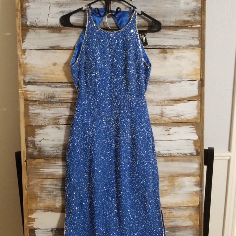 Blue sequined prom dress